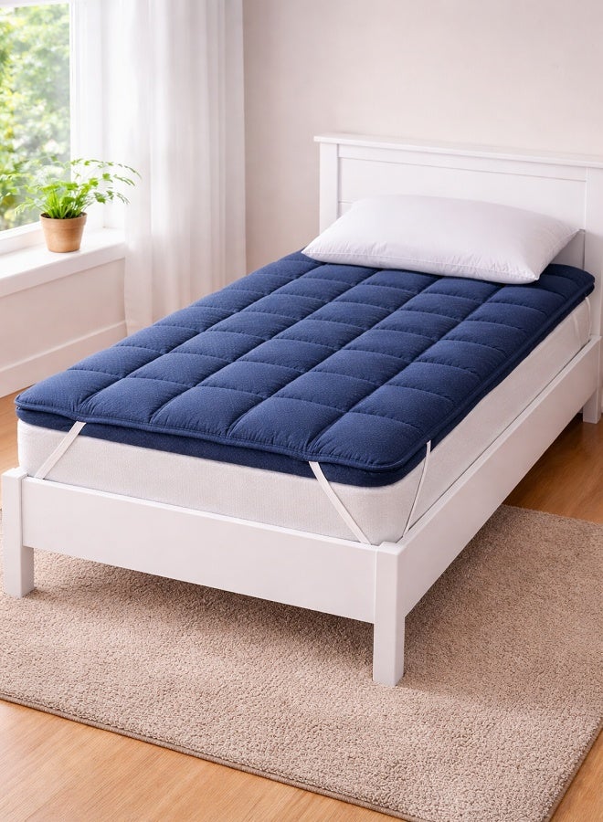 DORMICO Microfiber Mattress Topper 5cm Thick 90x190 cm Single Quilted Bed Topper with Elastic Straps Navy Blue - Image 1